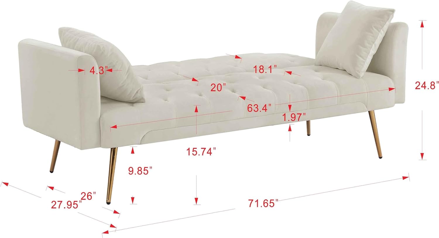 Sofá cama futón de terciopelo con 2 almohadas, moderno sofá cama convertible reclinable, plegable tapizado, 3 ángulos ajustables, asiento de espuma
