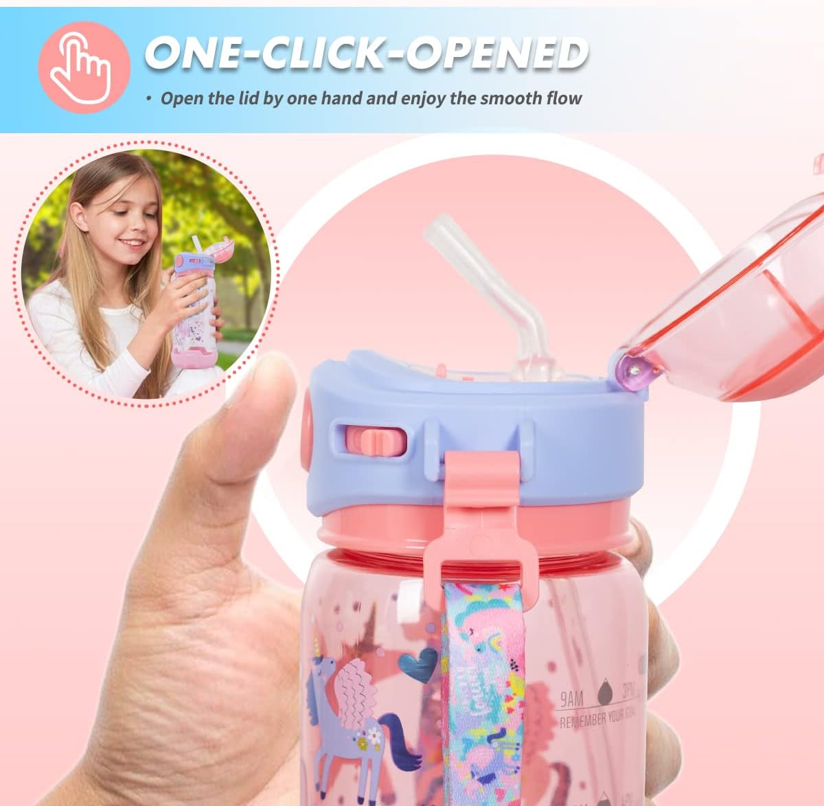 Botella de agua para niños con popote, para la escuela, niños y niñas, botella de agua potable de 22 onzas sin BPA, apertura de un solo clic, tapa