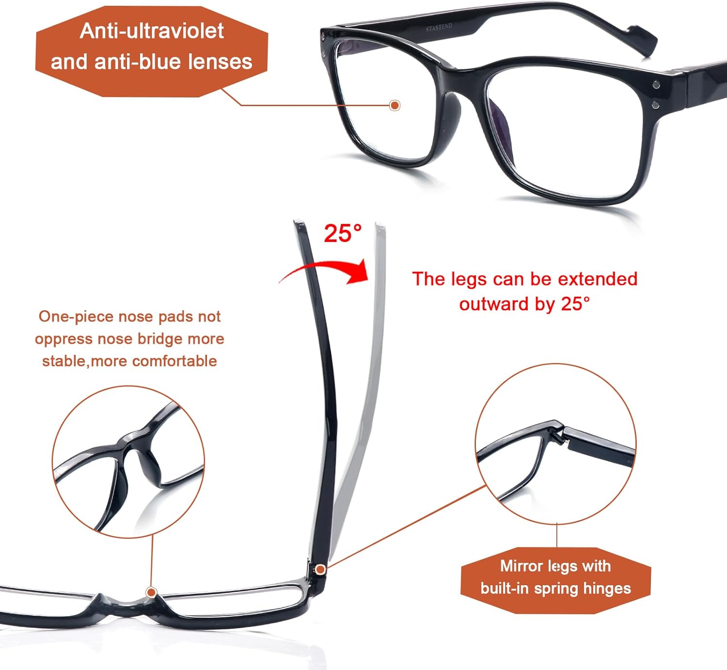 Paquete de 5 lentes de lectura de moda con bloqueo de luz azul para hombres y mujeres, filtro antirreflejos, lentes con bisagra de resorte
