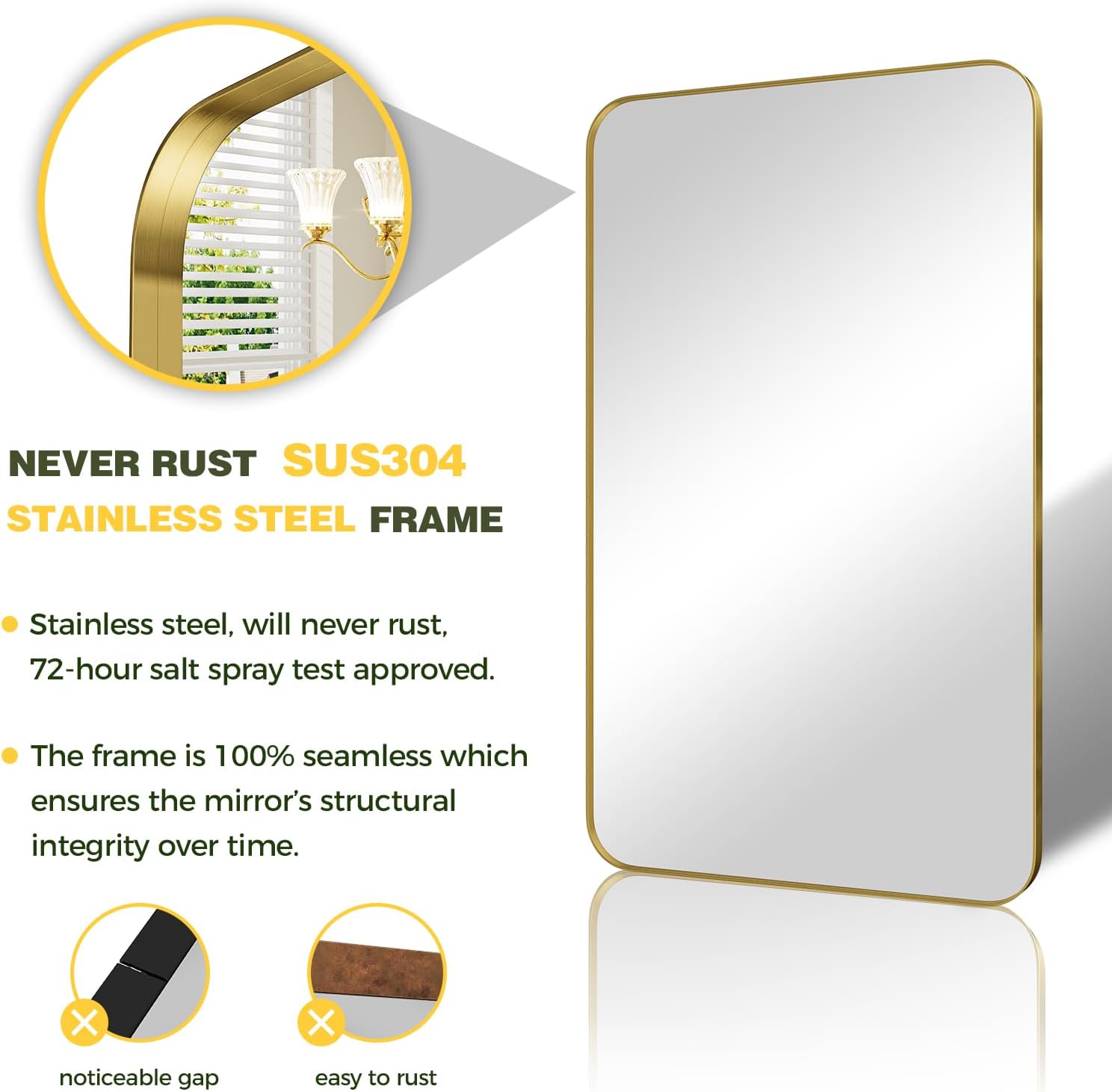 REYPEK Espejo de baño dorado de 22 x 30 pulgadas, espejo de pared dorado con marco de metal cepillado, espejo rectangular grande y redondeado para