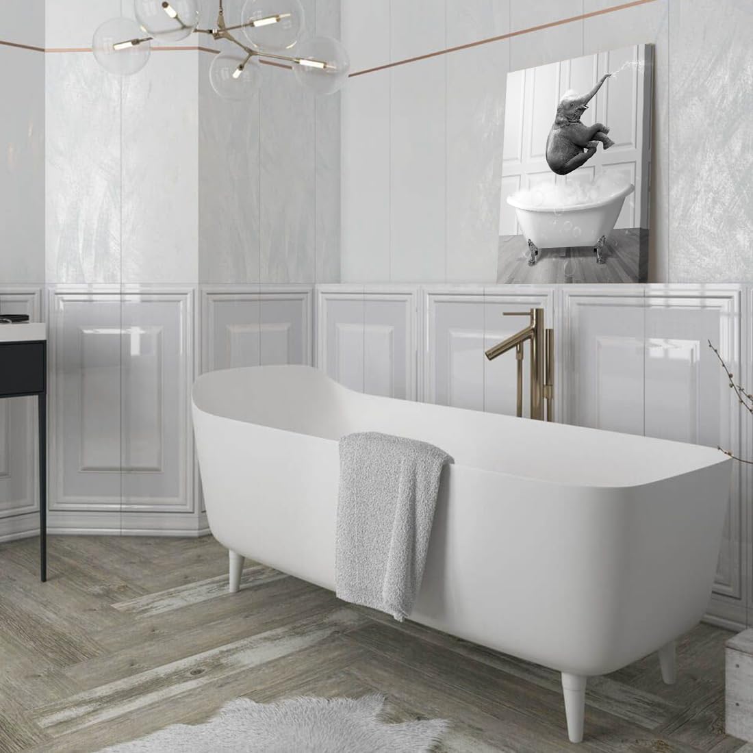 DAZZLING BEAUTY Divertida decoración de baño, animales blancos y negros, arte de pared, lindos elefantes bebés, impresiones en lienzo para bañarse,