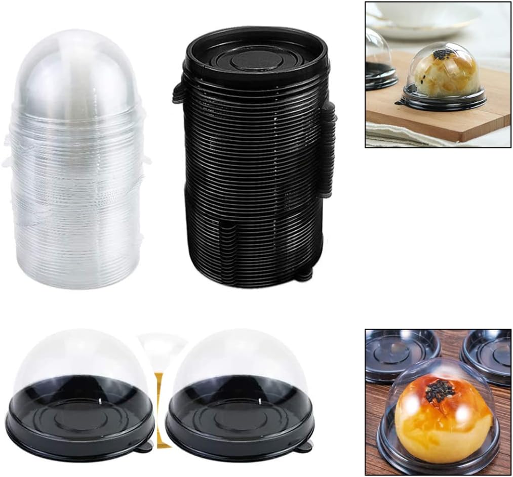 Caja de embalaje Mini contenedor para tartas Mooncake Dome Box Muffin Pod Holder Plástico transparente individual con base negra, 50 unidades