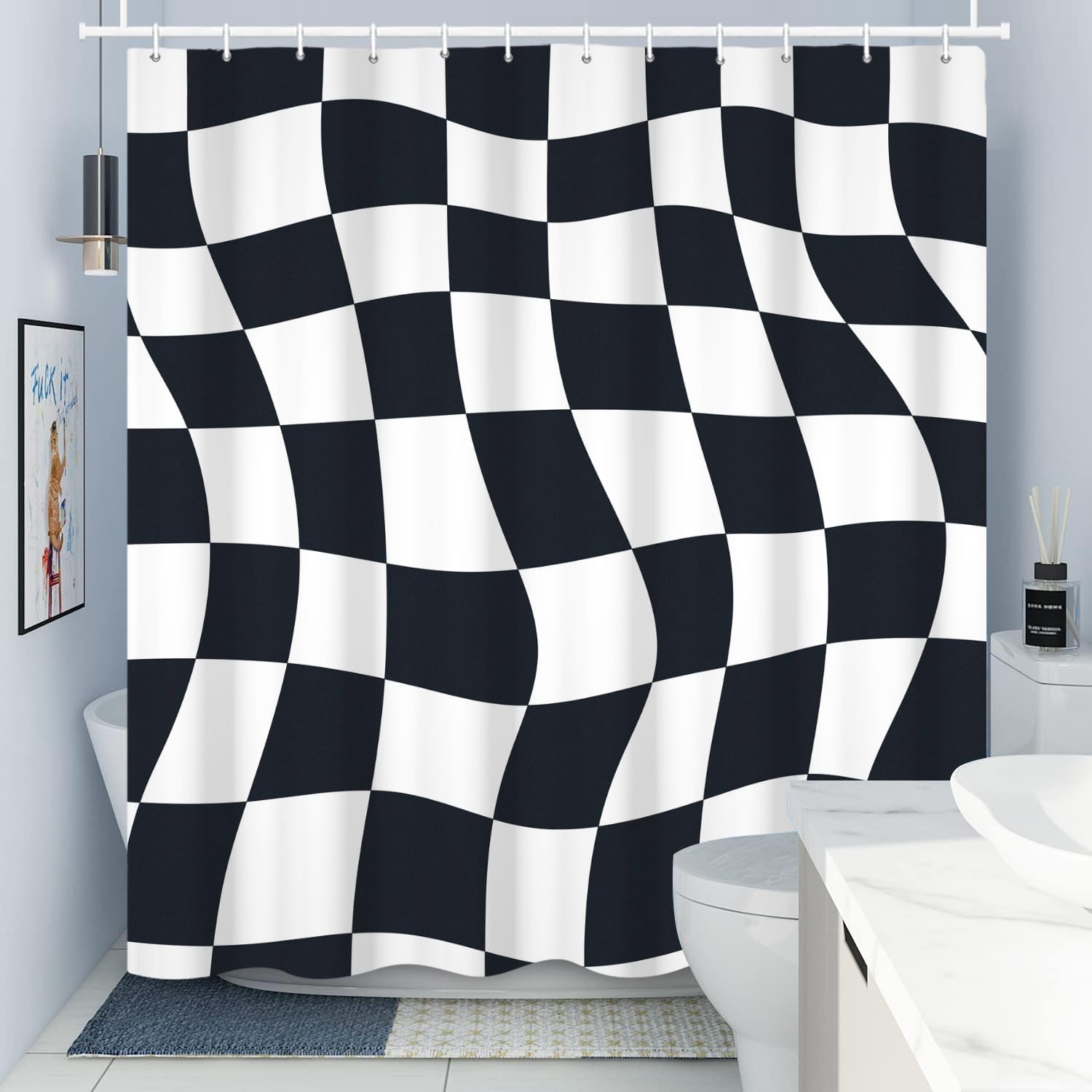 Cortinas de ducha a cuadros para baño, cortina de ducha en blanco y negro, 60 pulgadas de ancho x 72 pulgadas de alto, bonita cortina de ducha retro