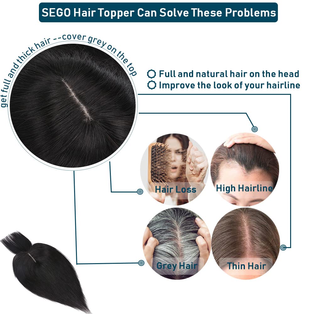 SEGO Toppers de cabello humano 100% real con flequillo, 150% de densidad, base de seda, clip en la parte superior, piezas de cabello para mujeres