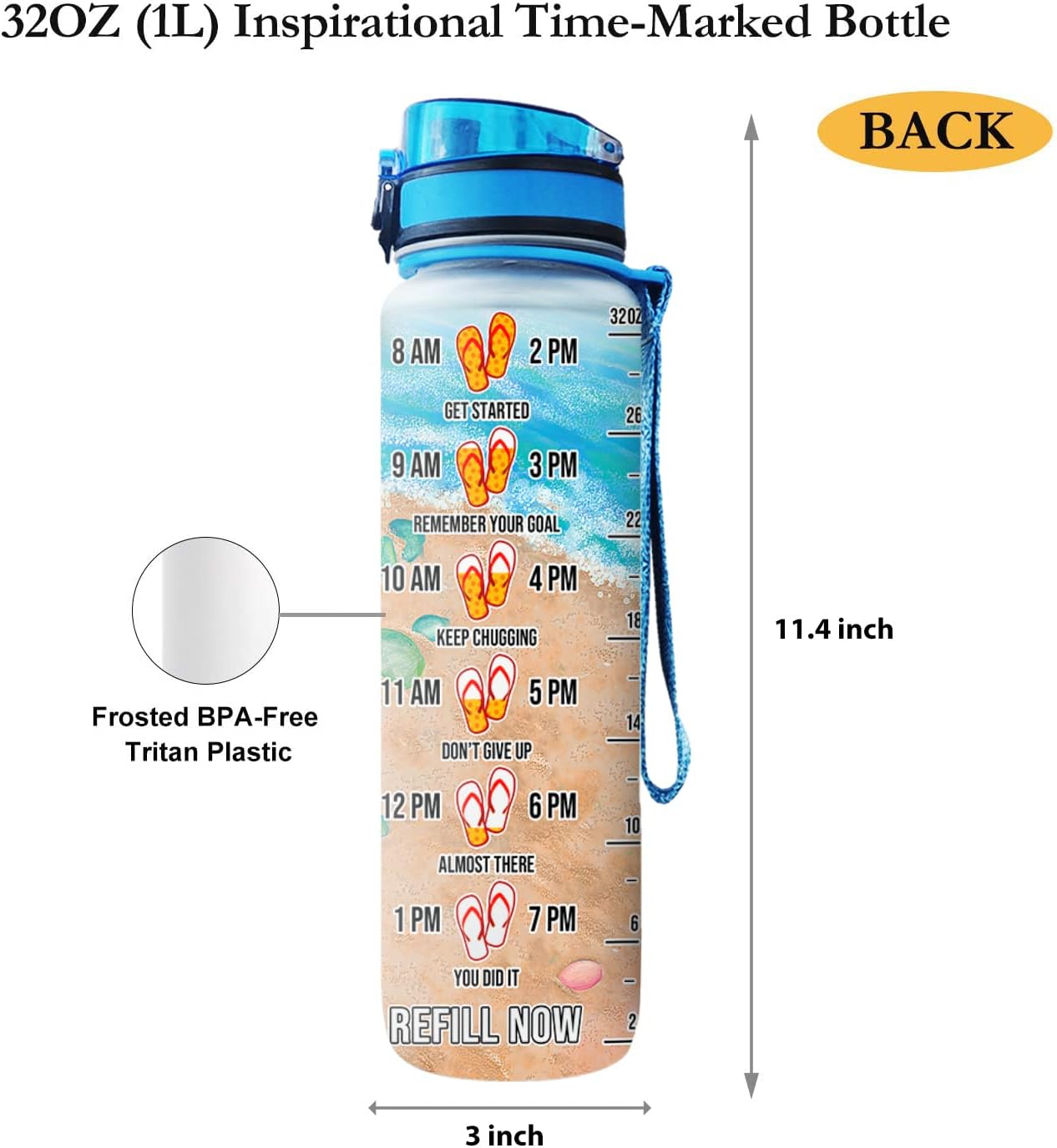 64HYDRO Botella de agua motivacional de 32 onzas con marcador de tiempo y colador extraíble, tapa abatible, a prueba de fugas, duradera, sin BPA, no