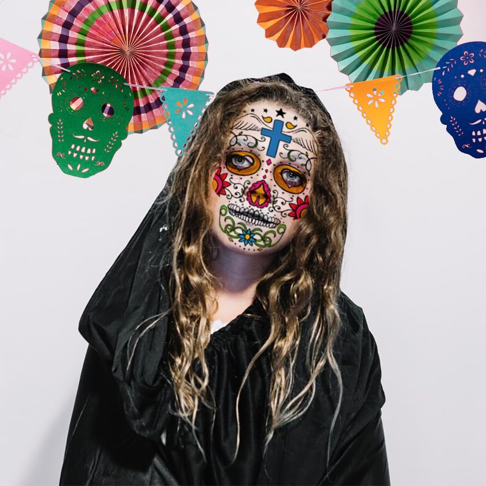 Hying 9 tatuajes temporales del Día de los Muertos, tatuajes de esqueleto de Halloween, tatuajes faciales de calavera floral de azúcar, calcomanías