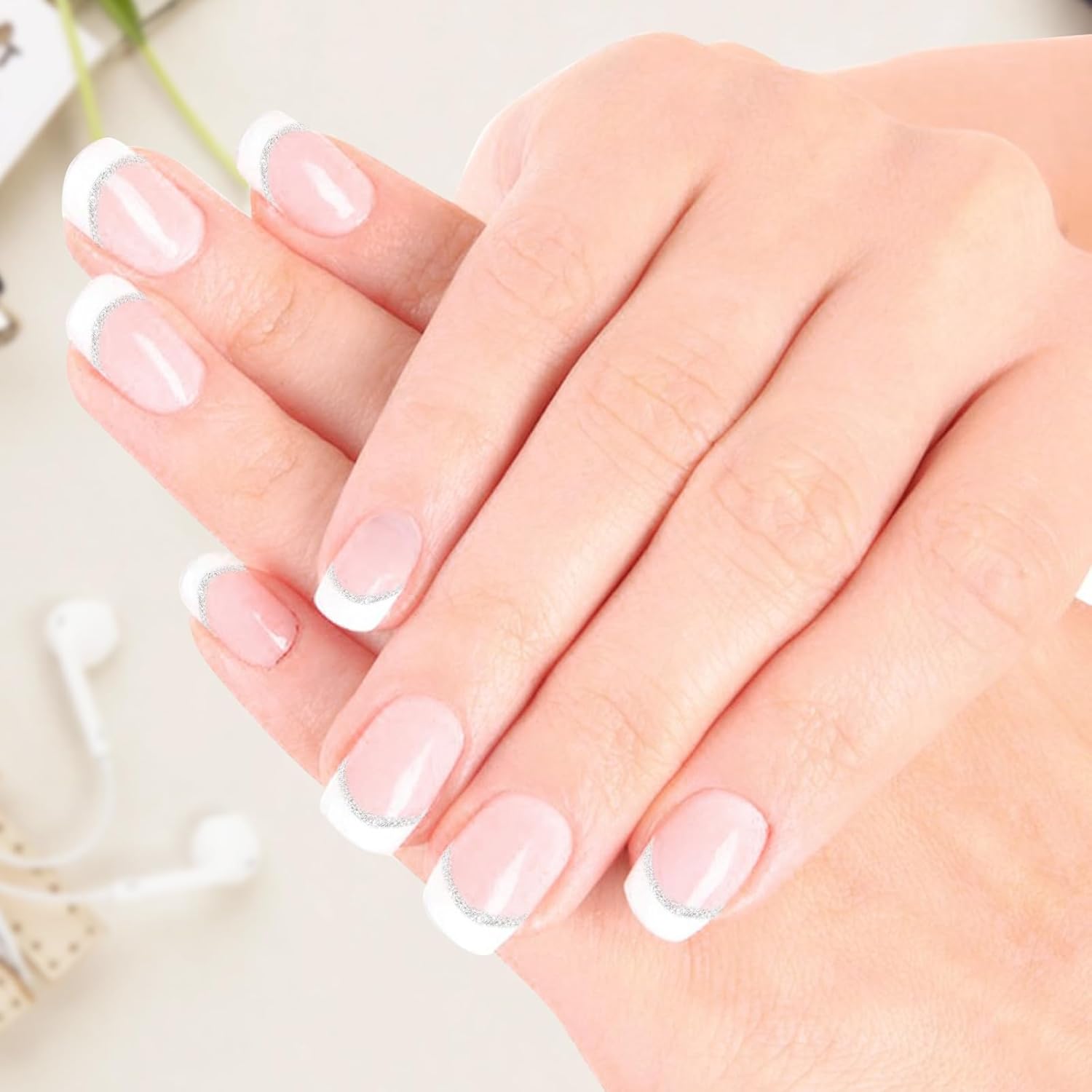 Tiras de uñas de gel semicuradas, puntas de uñas francesas, calcomanías de uñas de gel UV, calcomanías de uñas de gel con purpurina plateada de