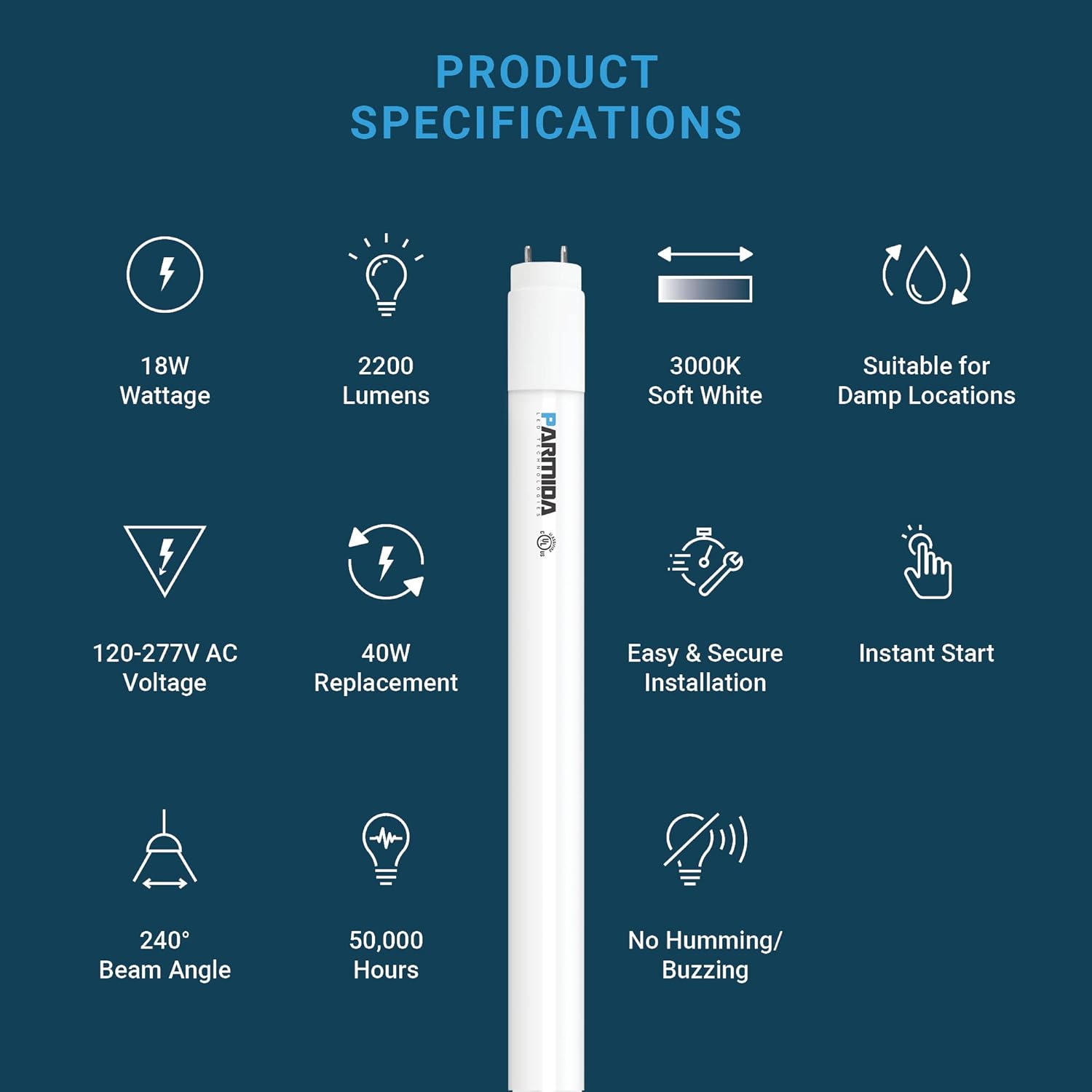 Tubo de luz LED T8, 4 pies, 18 W, cubierta esmerilada, tipo A+B, Plug and Play