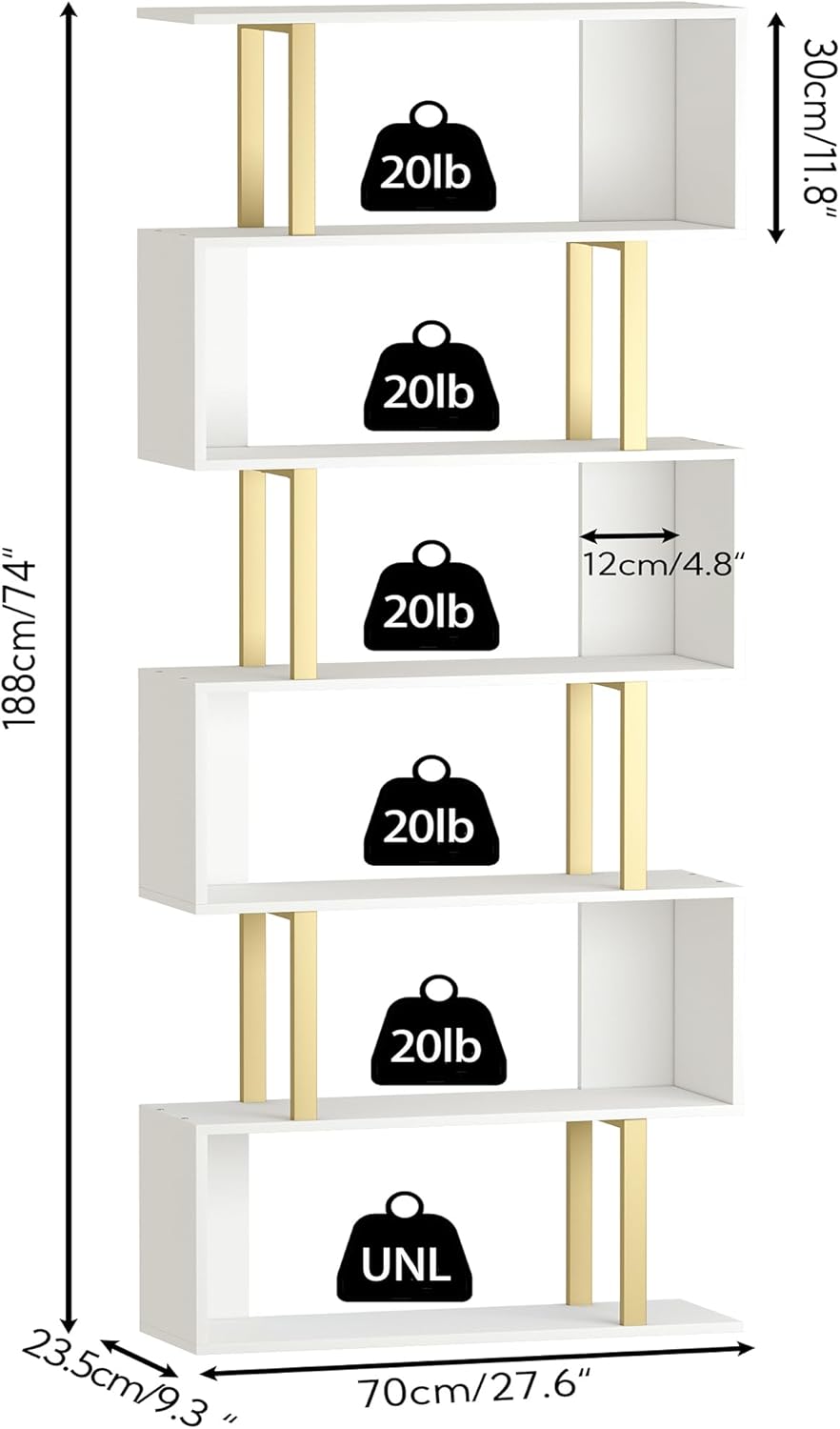 Yusong Estantería geométrica, estantería en forma de S, estantes de libros de 6 niveles para dormitorio, estante decorativo de madera moderno,