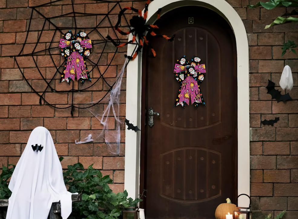 Hying 2 lazos para corona, diseño de esqueleto mexicano, arco de arpillera rojo y negro, lazos de arpillera para el Día de los Muertos México, lazos