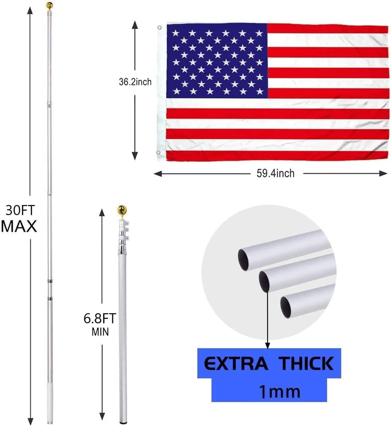 Kit de asta de bandera telescópica de 30 pies, de aluminio de calibre 16 resistente para exteriores con bandera de Estados Unidos de 3 x 5, para uso