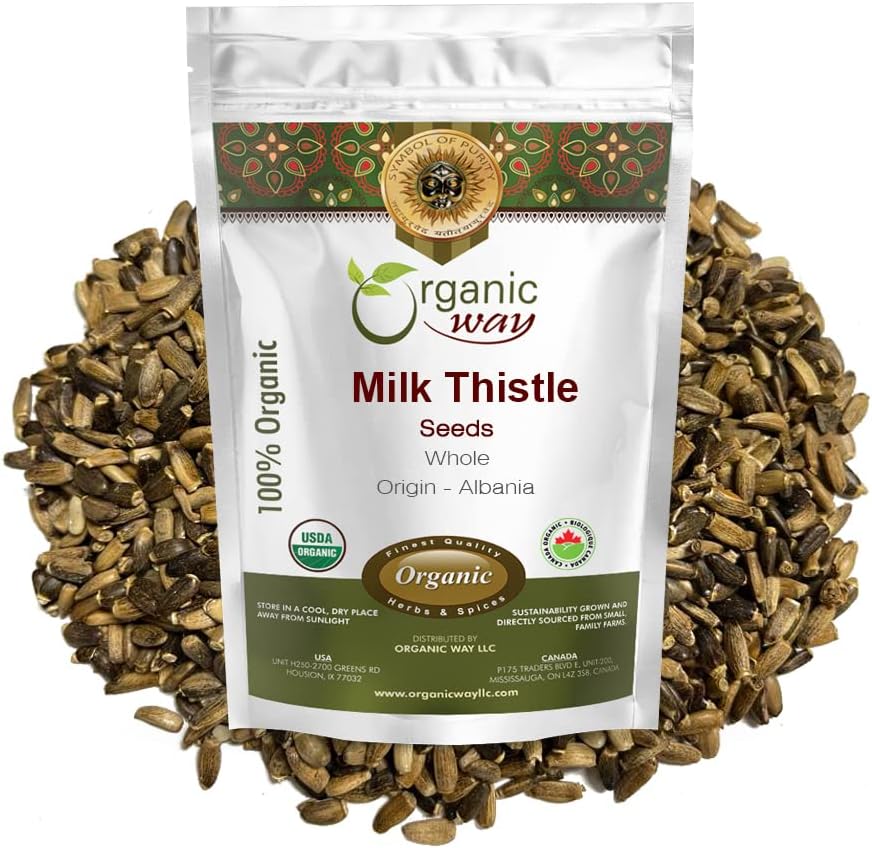 Organic Way Semillas enteras de cardo mariano (Silybum marianum)  Cosecha silvestre europea  Certificado orgánico y Kosher  Veganas, sin OMG y sin