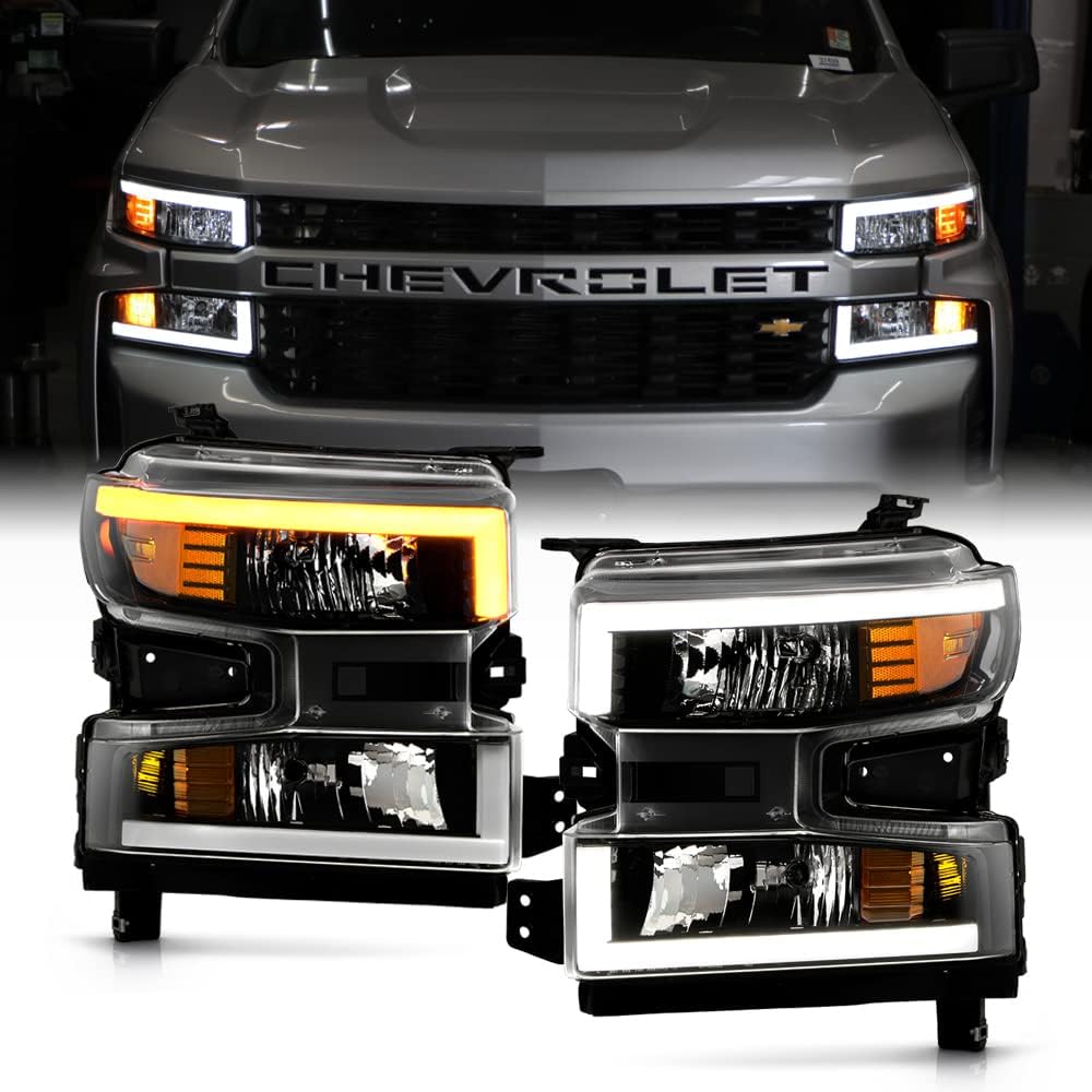 ACANII – Para halógeno sin LED 2019-2021 Chevy Silverado 1500 negro LED SwitchBack Tube Faros delanteros izquierdo y derecho