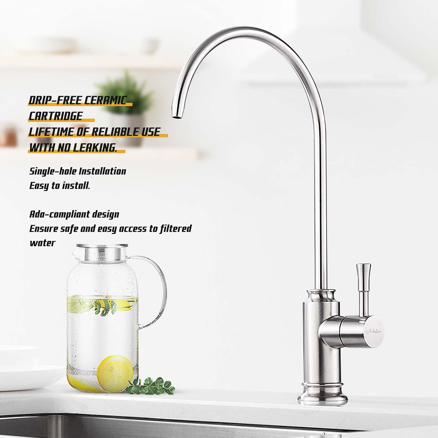 Achelous Grifo de filtro de agua de cocina de níquel cepillado, grifo de agua potable sin plomo de acero inoxidable que se adapta a unidades de