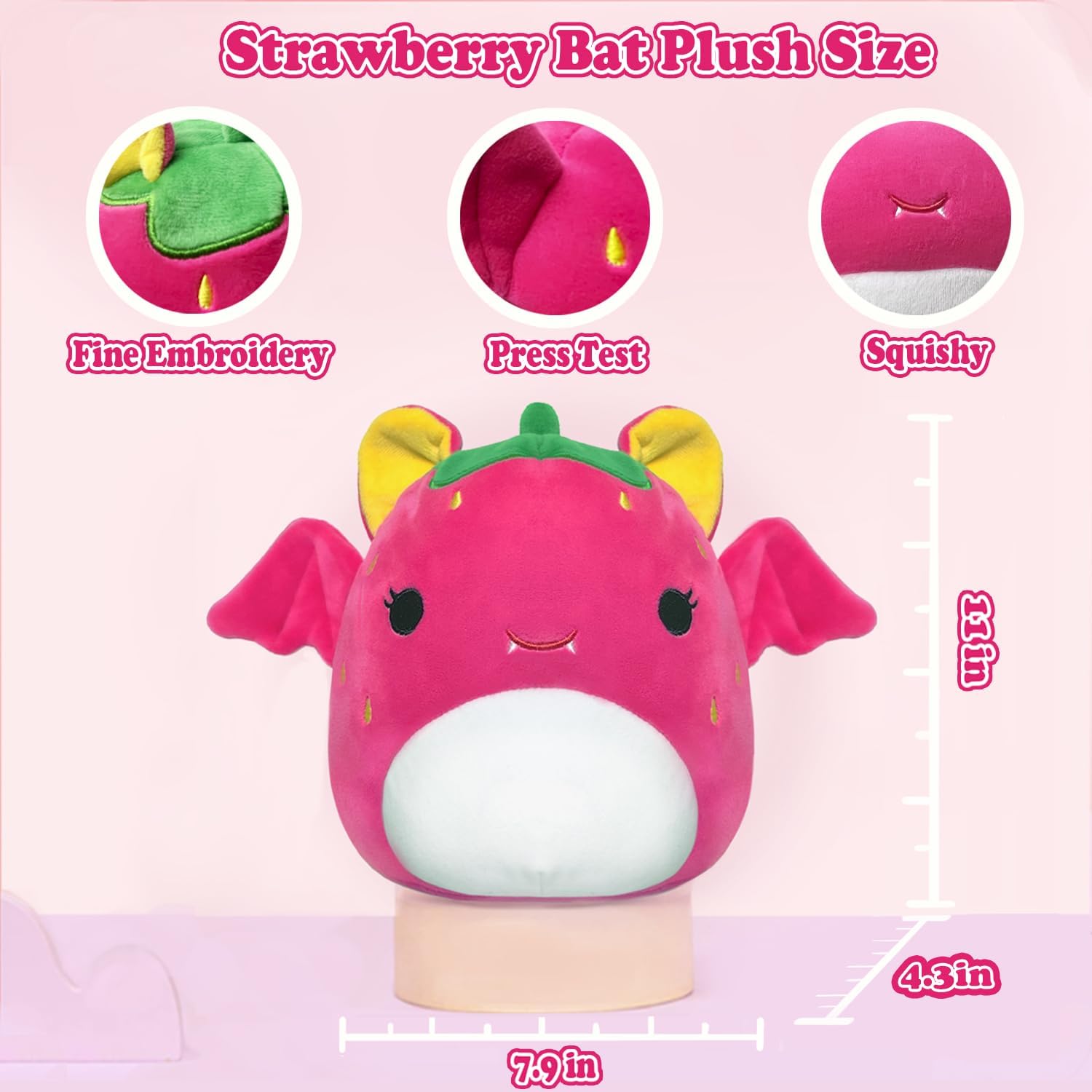 ROMINVIC – Almohada de peluche de murciélago de fresa, 8 pulgadas, peluche de murciélago Kawaii 3D para Navidad, cumpleaños, regalos para niños,
