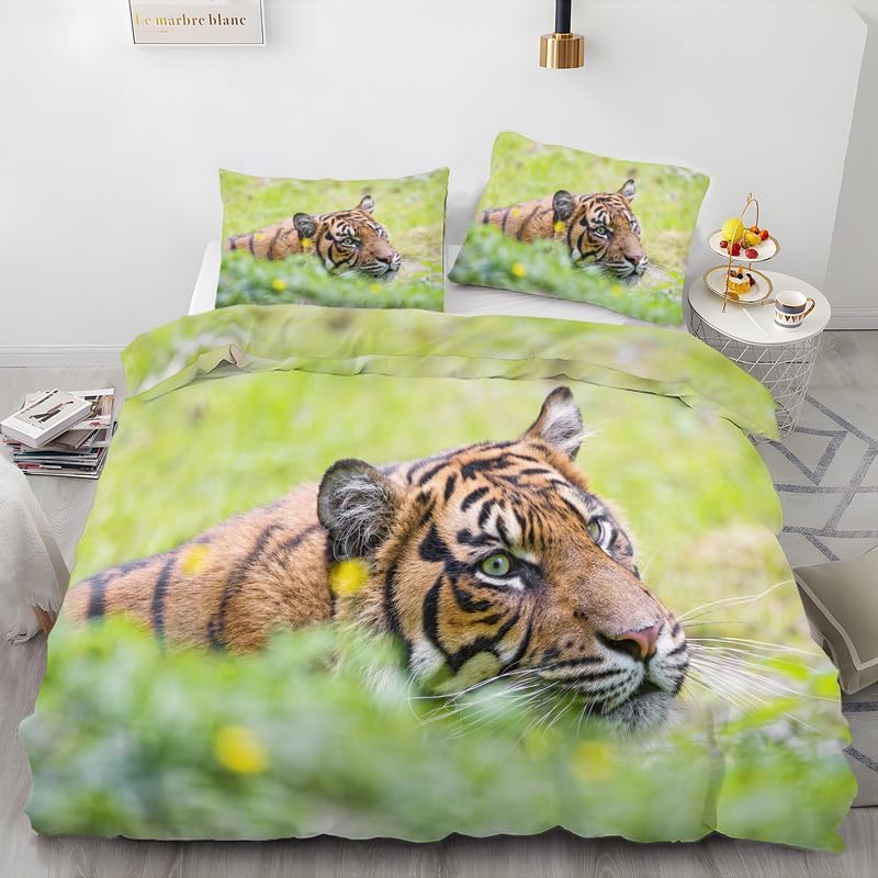 Animal Green California King Duvet Cover Tiger Print Bedding Soft Microfiber Comforter Cover and 2 Pillow Shams 20″X36″, Bed Set Duvet Covers with
