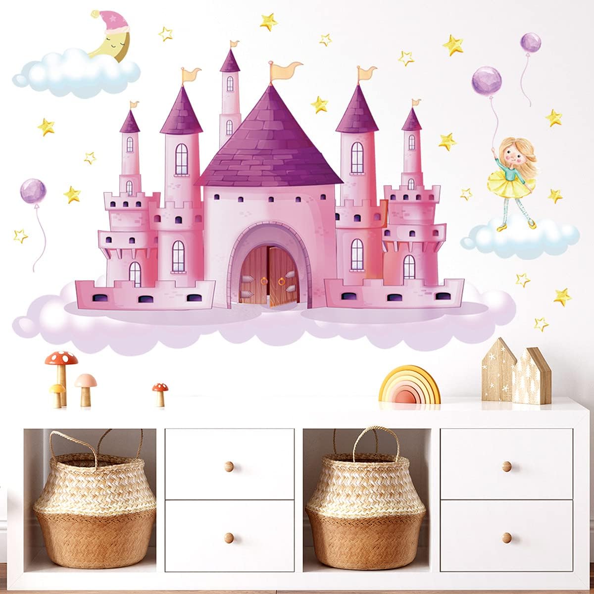 Rainbow Cloud Fairy Tale Princess Castle Wall Stickers for Kids Room Home Decor Girls Princess Bedroom Art Decorative Stickers (CB0002)