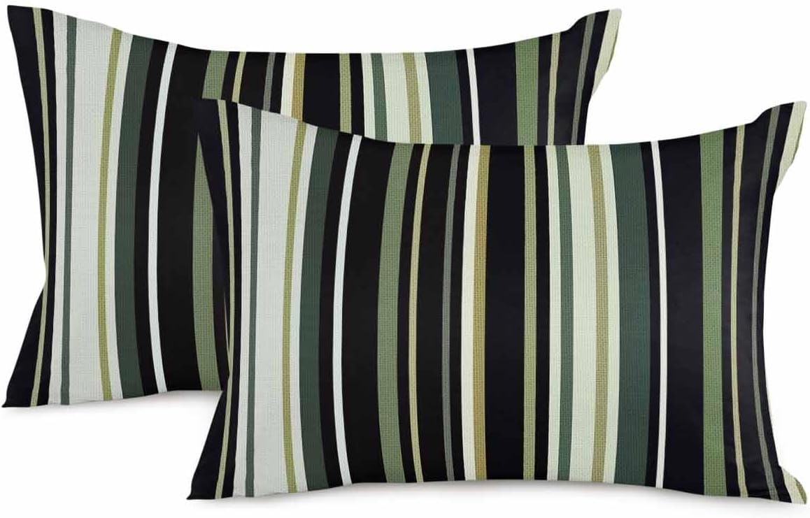 SELPONT Juego de 2 fundas de almohada lumbares rectangulares de lino y algodón con rayas negras y verdes para sofá, sala de estar y dormitorio, 12 x