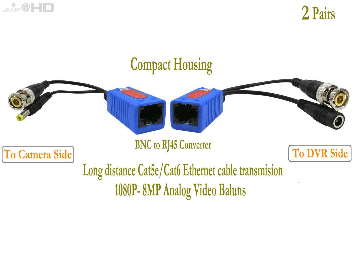 2 pares de balunes de video pasivos BNC a RJ45 con alimentación para 1080P – 8MP Actualización CCTV Cámara de vigilancia de seguridad para el hogar