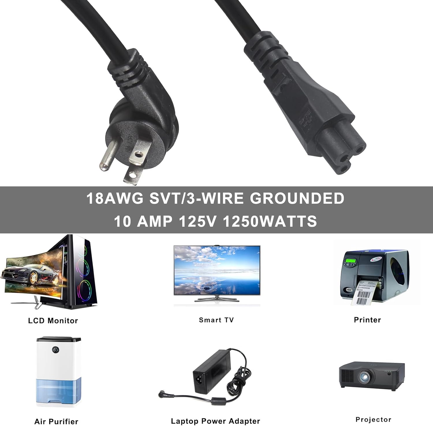 Cable de alimentación estándar para portátil de 2 pies, 18 AWG 45 grados, enchufe plano NEMA 5-15P a Iec 60320 C5, cable de alimentación de CA