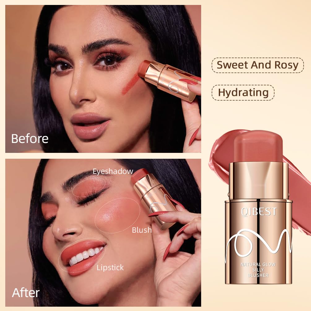 Rubor en barra cremoso multiusos, textura sedosa y cremosa para mejillas, rubor multiusos 3 en 1, lápiz labial, sombra de ojos, acabado mate,