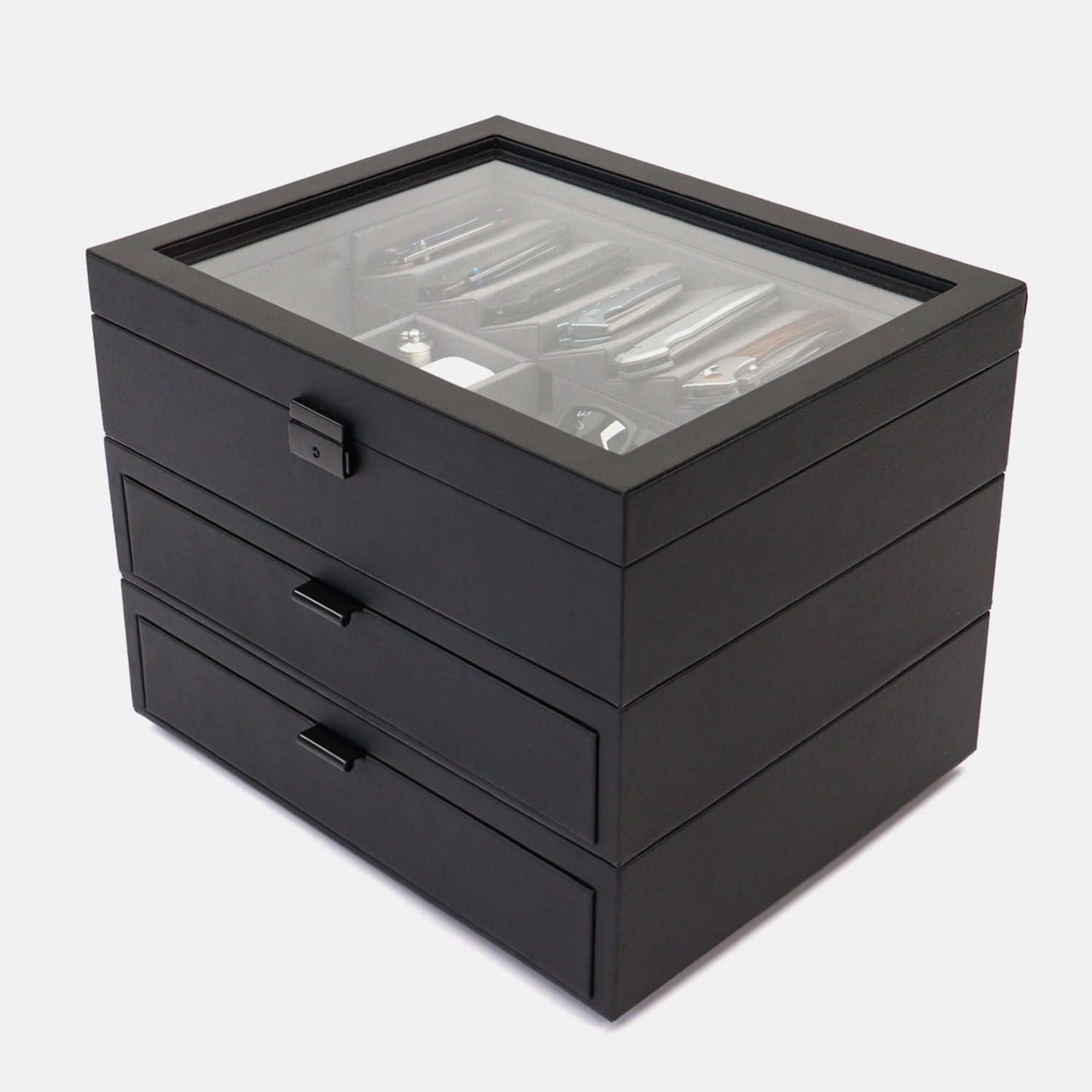 Kaviso Cajón de almacenamiento de valet de Cache Display – EDC, cuchilla, reloj y cajón de almacenamiento de joyas, forro de microfibra, cuero