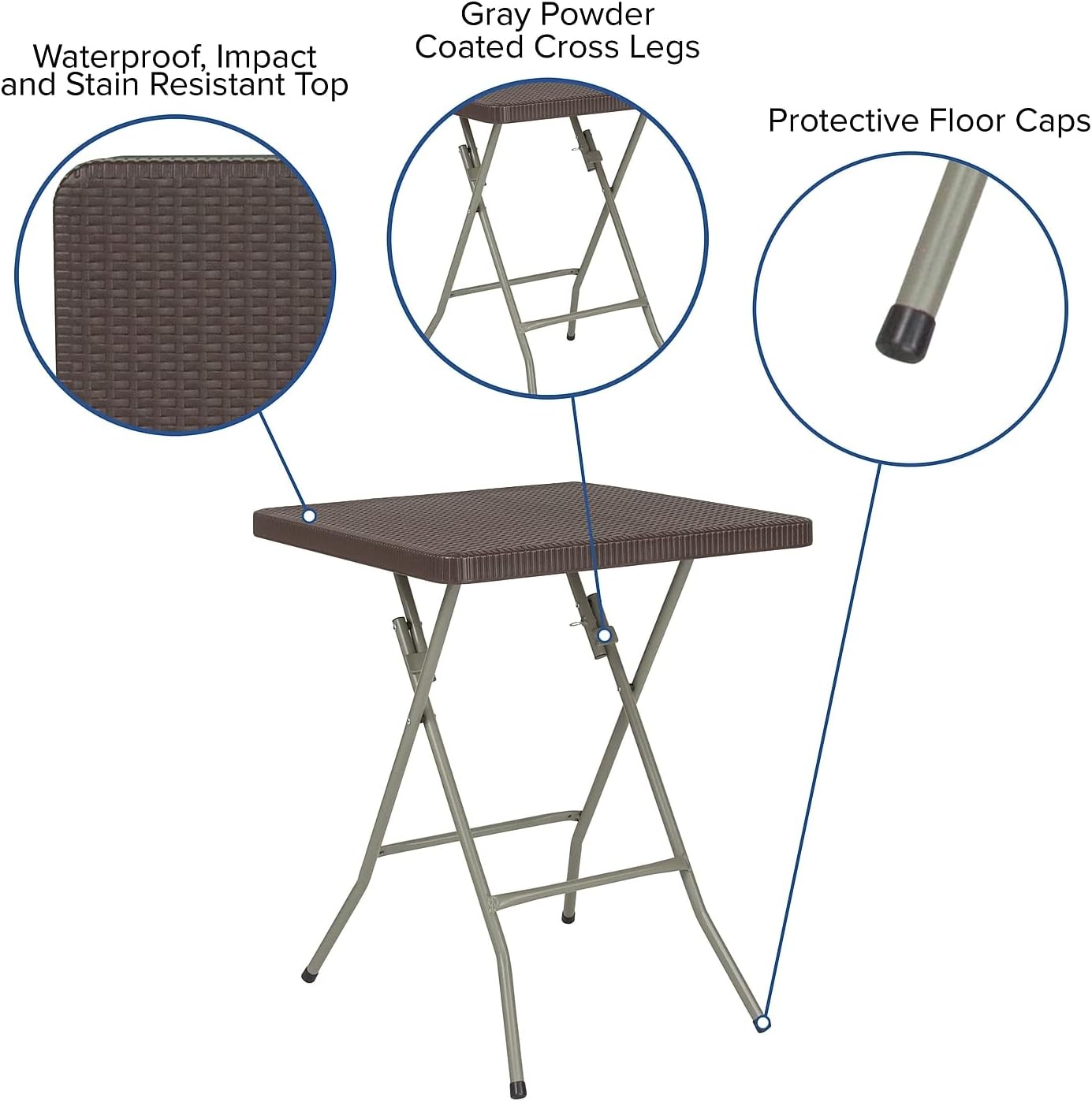 Flash Furniture – Mesa plegable cuadrada de plástico de ratán marrón de 1.95 pies