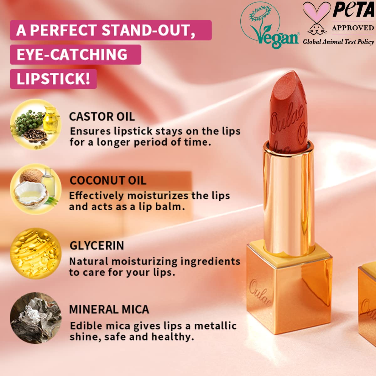 Oulac Lápiz labial rosa claro para mujer con brillo metálico 3D fórmula hidratante ligera, color de labios de alto impacto, belleza vegana y sin