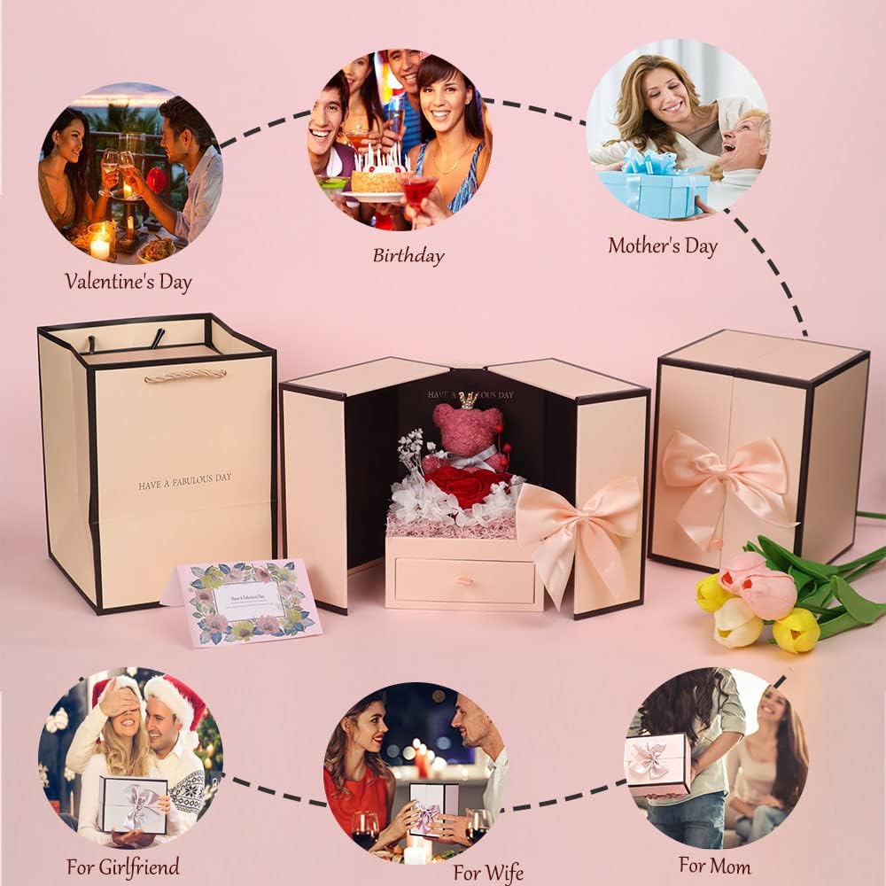 Juego de regalos de oso musgo de rosa preservada con 100 collares “I Love You” para mamá, esposa, novia, día de la madre, Navidad, día de San