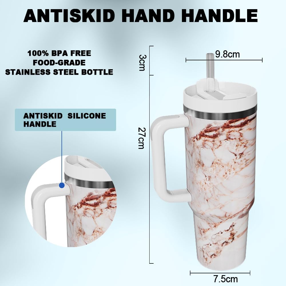 Vaso aislado al vacío de acero inoxidable de 40 onzas con tapa y popote para agua, té o café helado, licuado de frutas y más (mármol dorado, 40