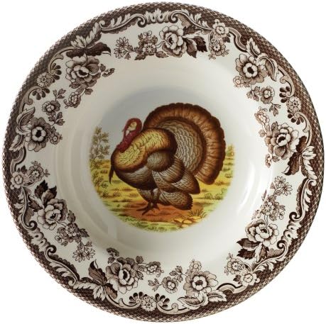 Spode Woodland – Tazón de sopa de 9 pulgadas, tazón grande con motivo de pavo, para pasta y ensalada para Acción de Gracias, hecho de loza fina,