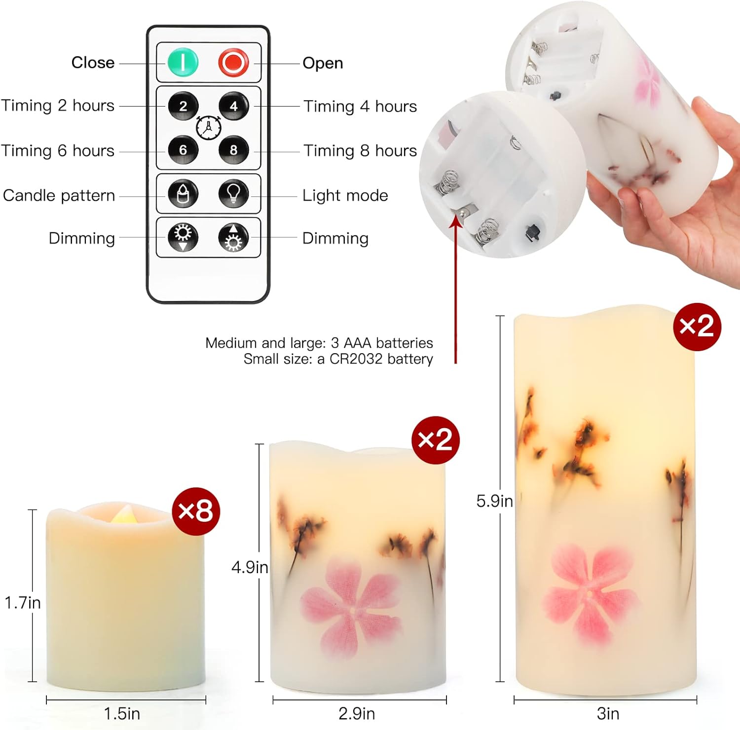 Velas sin llama con control remoto, paquete de 12 velas a pilas, velas parpadeantes sin llama con flores secas incrustadas, velas LED eléctricas de