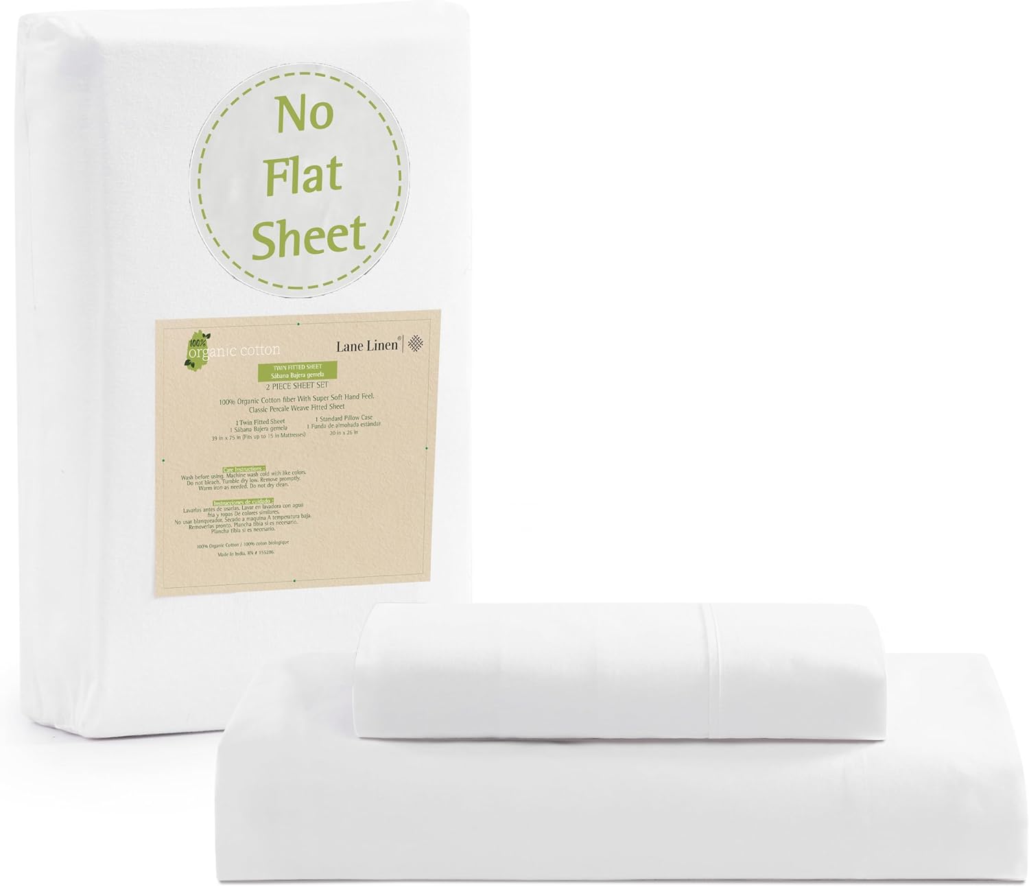Lane Linen – Juego de 2 piezas con sábana bajera 100% algodón orgánico en tamaño individual y 1 funda de almohada, con tejido de percal de algodón
