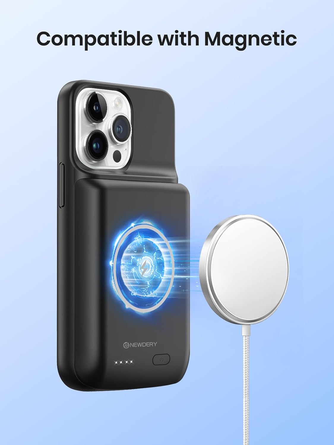 NEWDERY Funda de batería para iPhone 15 ProiPhone 15 10000mAh, USB C magnético Qi funda de carga inalámbrica, cargador extendido recargable
