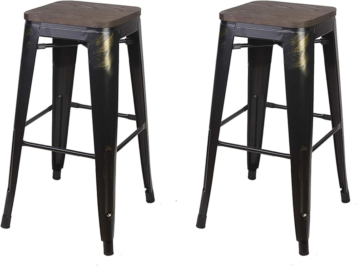 Taburete de metal negro antiguo de 24 pulgadas con asiento de madera (juego de 2) color dorado al azar, capacidad de peso de más de 300 libras,