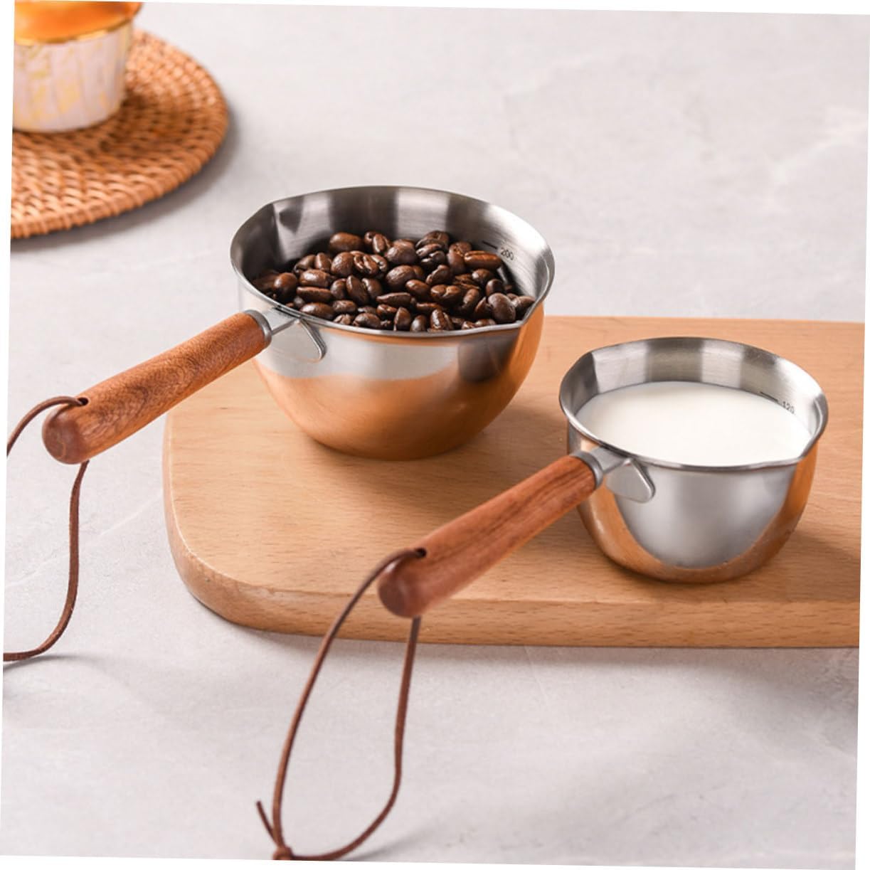 NOLITOY Cacerola de aceite caliente de acero inoxidable de madera gruesa de 6.8 fl oz para hervir huevos y leche caliente (tamaño grande) para