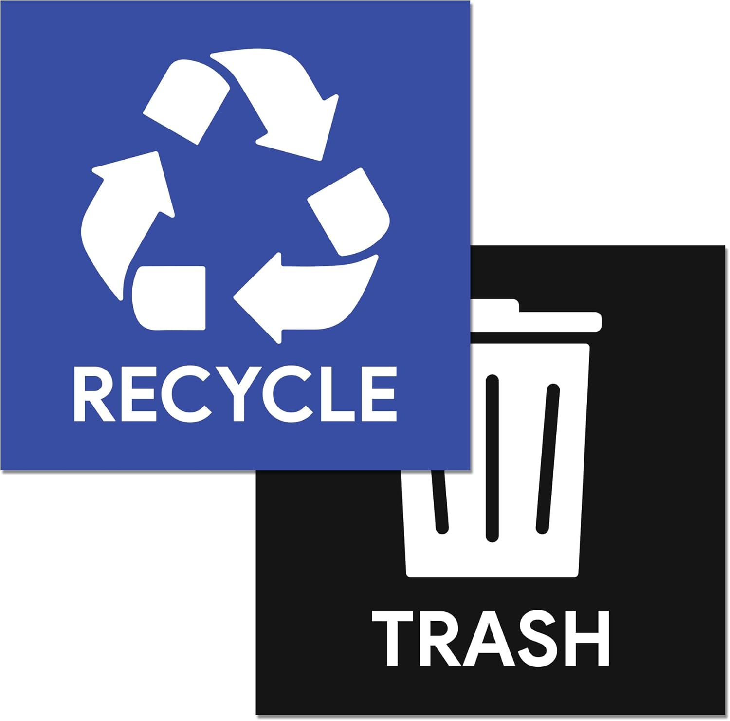 Calcomanías de reciclaje y basura, autoadhesivas de vinilo resistentes a la intemperie, negroazul, cuadrado de 5 pulgadas (paquete de 4)