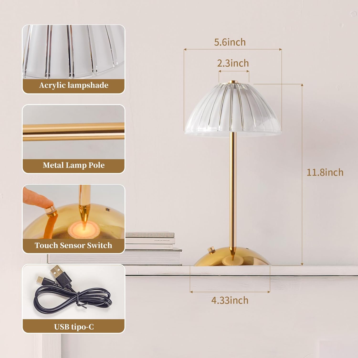 Lámpara táctil para mesita de noche, lámpara de mesa de hongos, 3 niveles de brillo, luz nocturna recargable para niños, lámpara de mesita de noche,