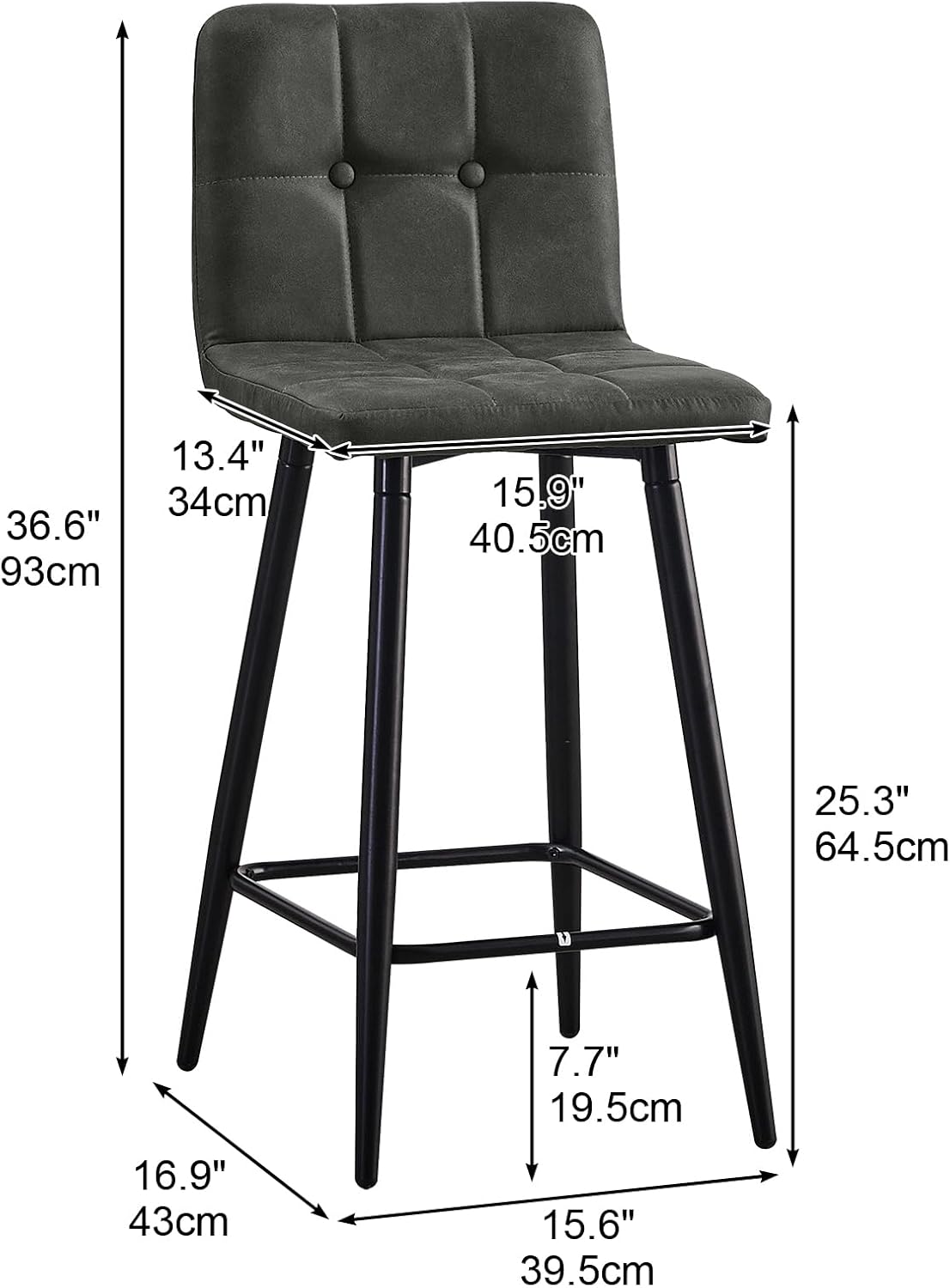 CLIPOP Juego de 2 taburetes de bar de 26 pulgadas de altura de mostrador, taburetes de bar tapizados de piel sintética con ribete de botón y