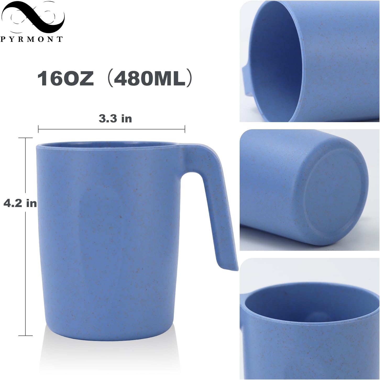 PYRMONT Juego de 6 tazas de paja de trigo, tazas de café de plástico reutilizables, tazas de té con asas, juego de tazas de 16 onzas para café,