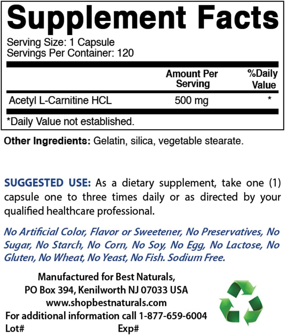 Best Naturals Acetil L-carnitina 500 mg 120 cápsulas (120 unidades (paquete de 2))