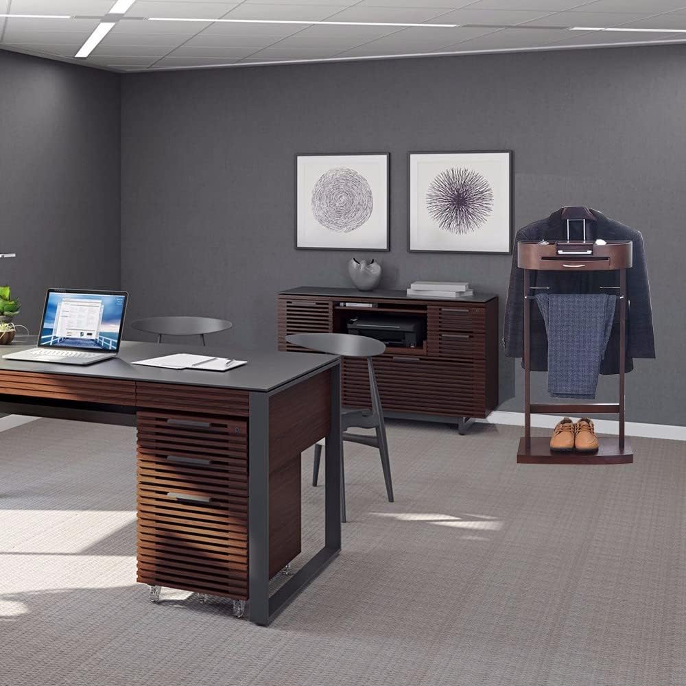 Soporte de valet de madera para trajes, soporte de valet de madera, perchero de pie para ropa de pie con colgador de ropa y riel para pantalones