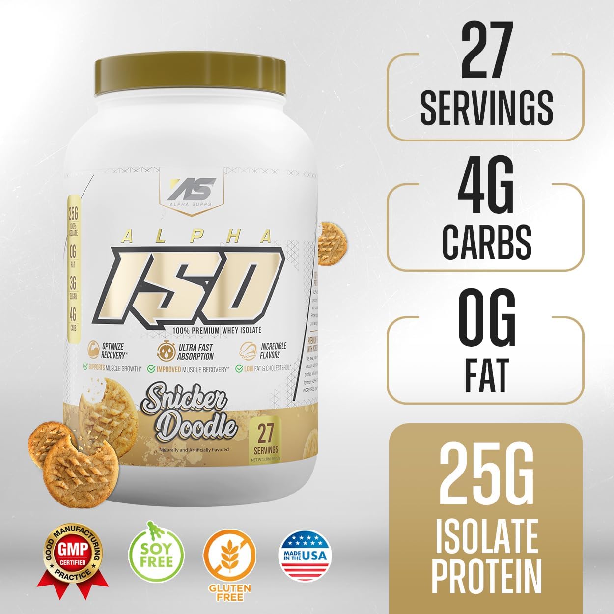Alpha Supps ISO, polvo aislado de proteína de suero de leche 100% bajo en carbohidratos, 0.88 onzas por porción, ayuda a apoyar el crecimiento