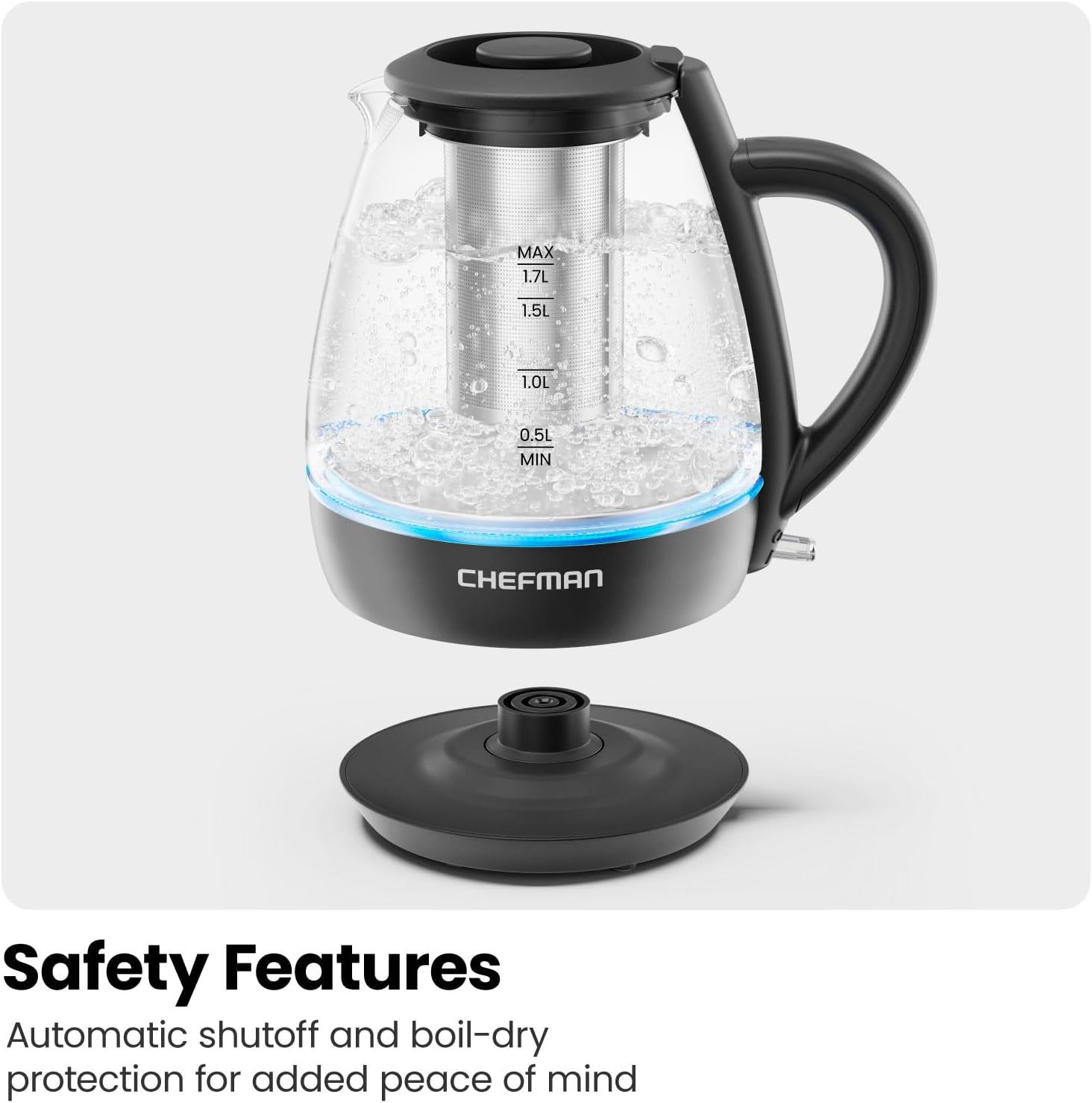 Chefman Hervidor eléctrico con infusor de té, 1.7L 1500W, tapa extraíble para una fácil limpieza, protección contra hervir en seco, filtro de acero