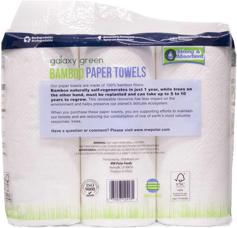 Toallas de papel de bambú amigables con la tierra, hojas fuertes de 2 capas, sostenibles, 24 rollos
