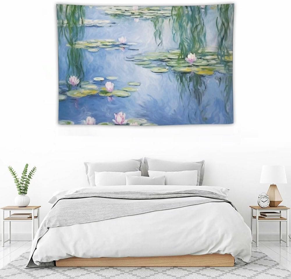 DPOTLI Monet – Tapiz floral estético para dormitorio, diseño de lirios de agua azules, póster abstracto de flores naturales para colgar en la pared