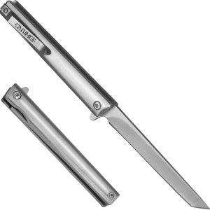 Carimee Cuchillo plegable de bolsillo, hoja de acero D2, clip de bolsillo, funda de cuero, cuchillo delgado EDC para caballero para acampar al aire Carimee Cuchillo plegable de bolsillo, hoja de acero D2, clip de bolsillo, funda de cuero, cuchillo delgado EDC para caballero para acampar al aire