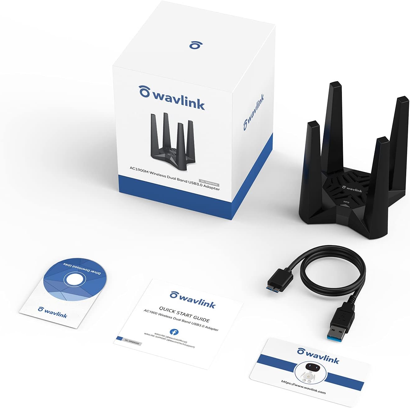 WAVLINK Adaptador WiFi USB 3.0, adaptador de red inalámbrico AC1900 para PC de escritorio, doble banda 5G1300Mbps+2.4G600Mbps con antenas de alta