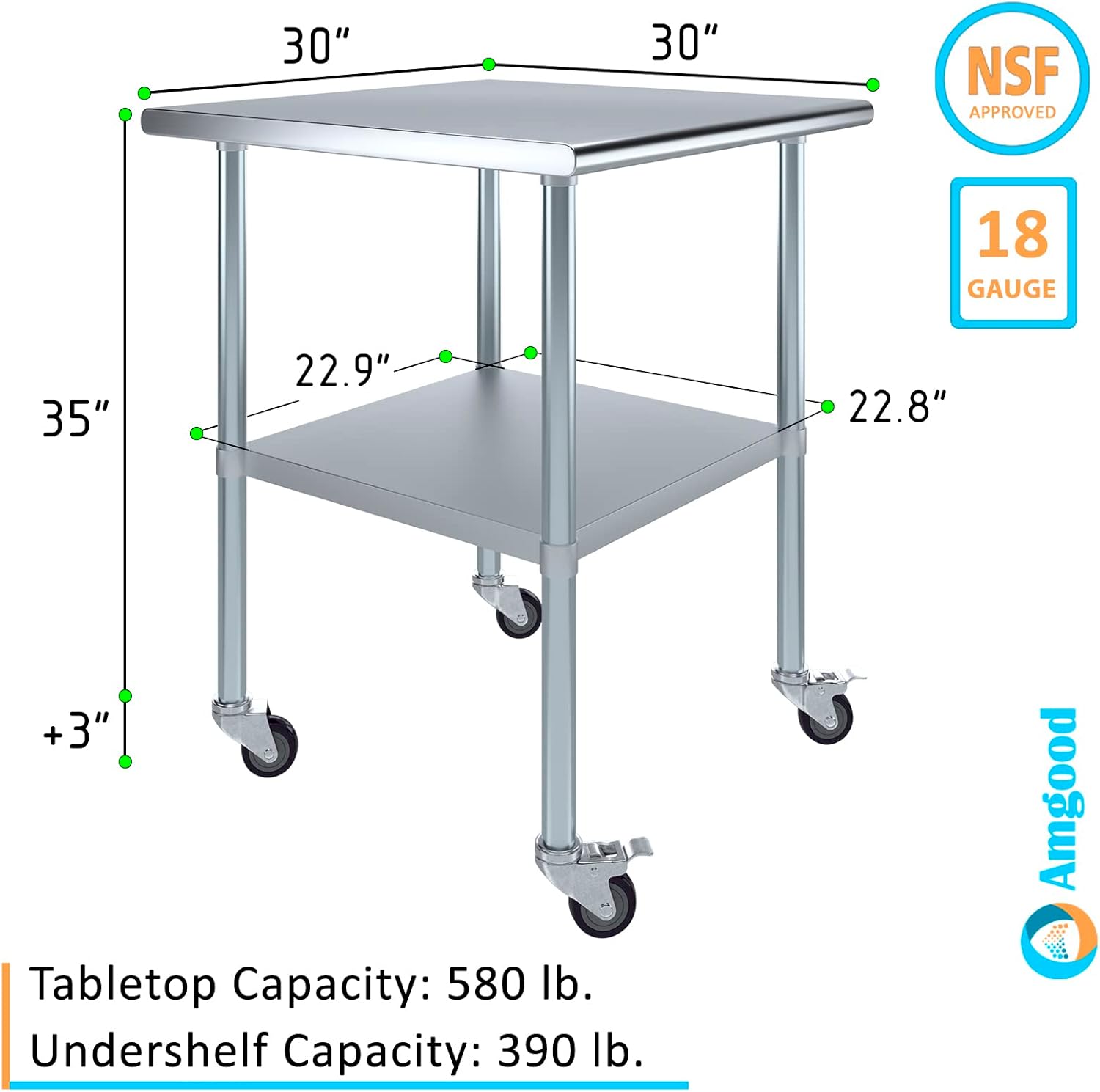 AmGood Mesa de acero inoxidable de 30 pulgadas de largo x 30 pulgadas de profundidad con ruedas