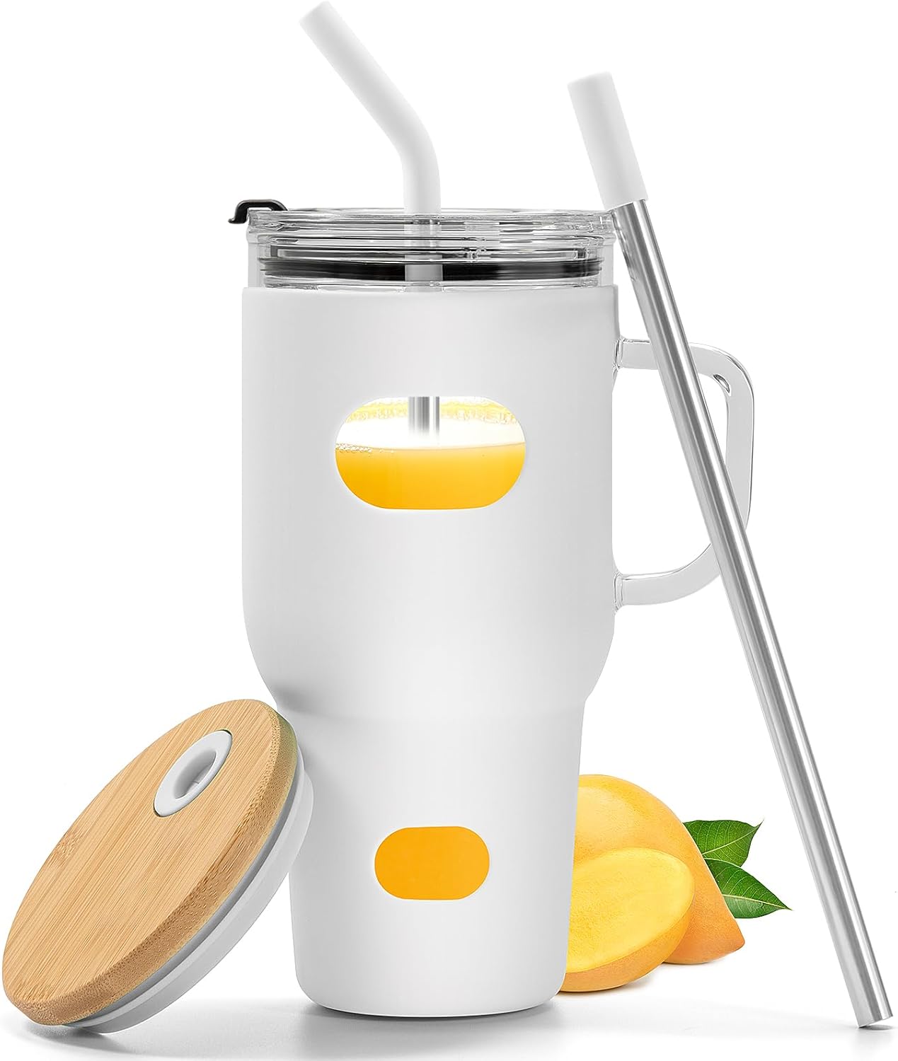 Vaso de vidrio de 32 onzas con popote y tapa, botella de agua de vidrio con asa, vaso de café helado con funda de silicona, regalos de Navidad para